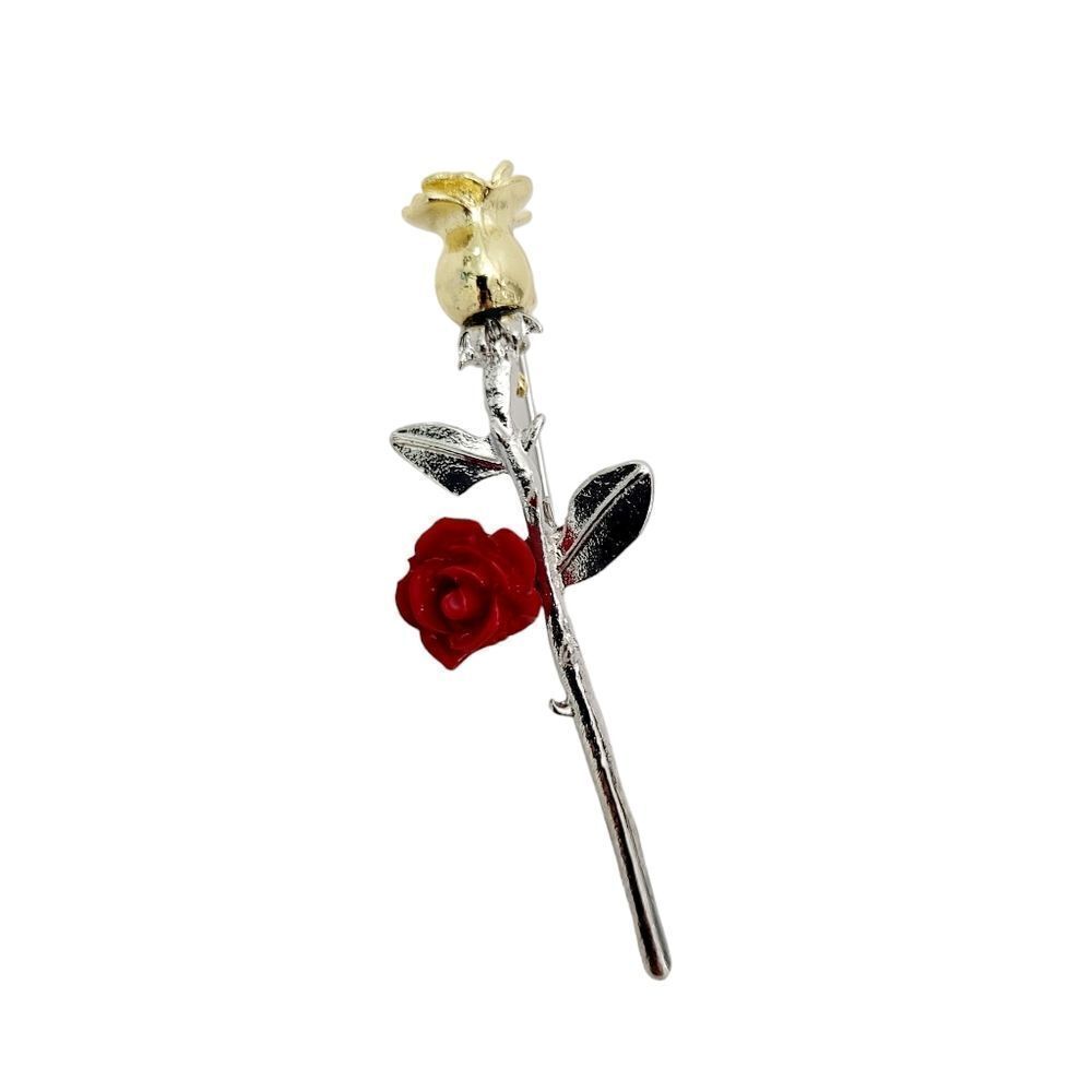 Brand New Gold & Red Rose Brooch Pin